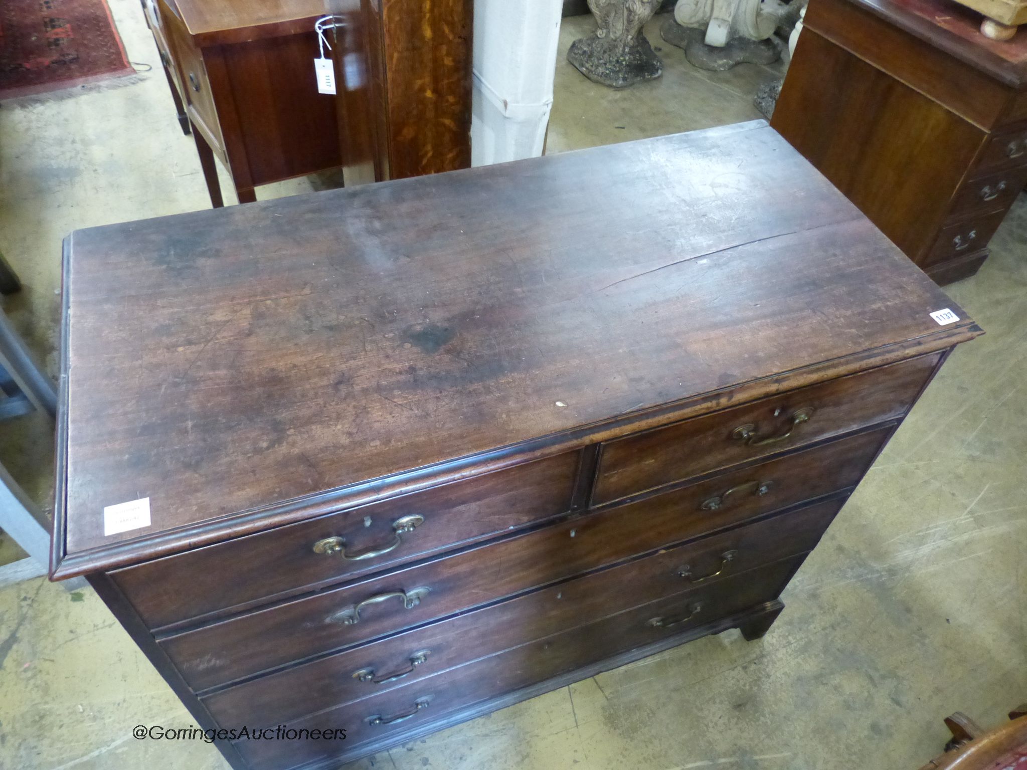 A George III mahogany five drawer chest, W-110cm, D-51cm, H-97cm.